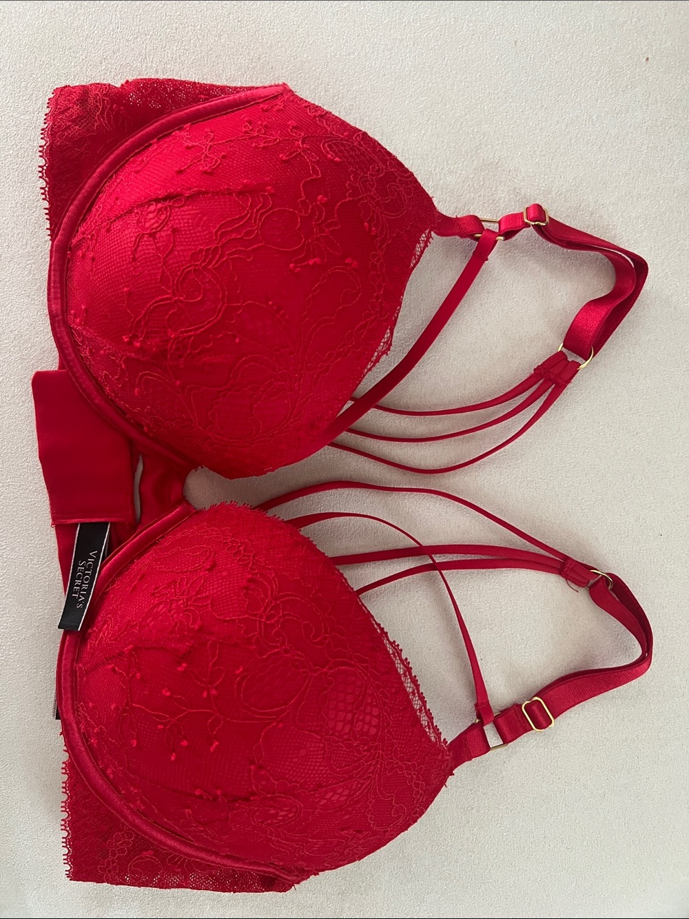 Victoria's Secret Red Lace Strappy Push-Up Bra with Decorative Bands
